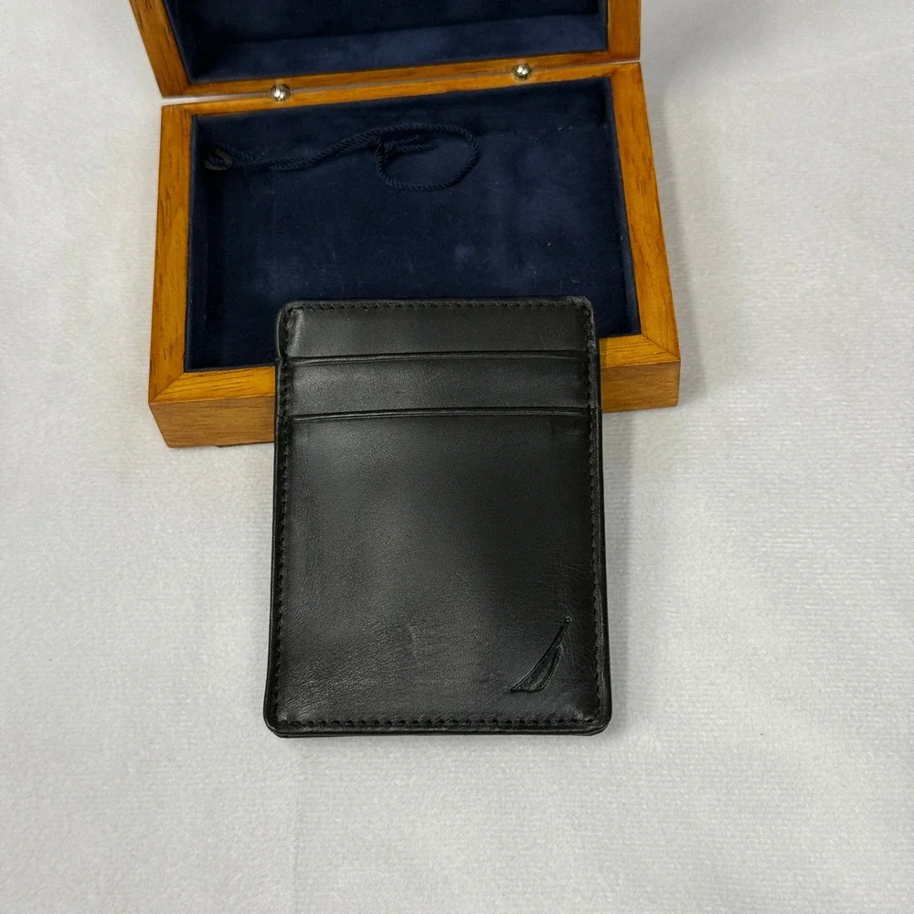 Nautica Mens Black Leather‎ Card Holder Wallet Money Clip With Wooden Box